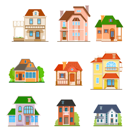 Flat house front icon set, vector illustration. Different types of cottages, residential and guest housesのイラスト素材