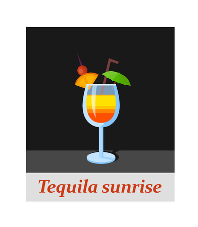 Tequila sunrise cocktail menu item or any kind of design. Party drink on the black background, vector illustrationのイラスト素材