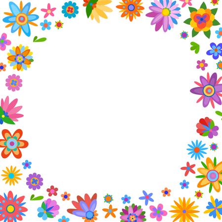 Cartoon style frame with flowers for congratulations. Cheerful, happy flowers illustration and painted in a naive mannerのイラスト素材