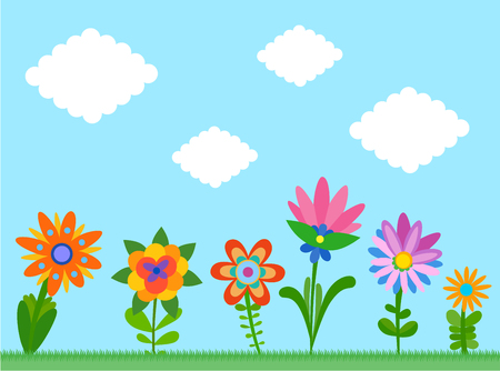Background with naive style colorful flowers. Summer children's cartoon flat illustration のイラスト素材