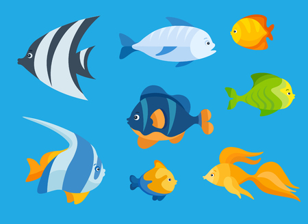 Colorful flat icon set of a sea fishes on the blue background. Sea animal charactersのイラスト素材