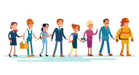 Vector flat icon set of people of different professions: stewardess, carpenter, doctor, office worker, hairdresser, firefighter, teacher, masseurのイラスト素材