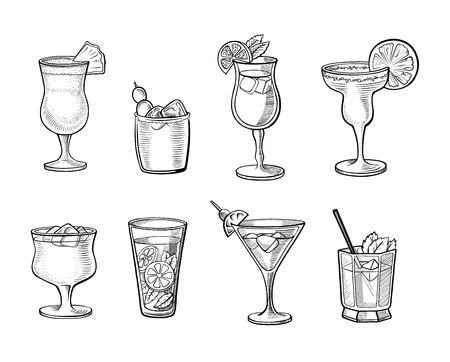 Set of alcoholic cocktails hand drawn vector illustrations. Vintage cocktails with ice, with orange, beverages for bar or pub menu. Alcohol cocktails in glass isolated on white backgroundのイラスト素材