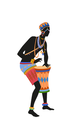 African man playing drums in bright national costume. Raster illustrationの写真素材