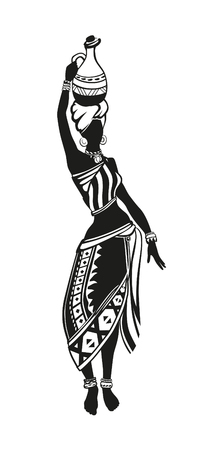 African woman in national costume is a pitcher on her head and dances on the go. Raster illustrationの写真素材