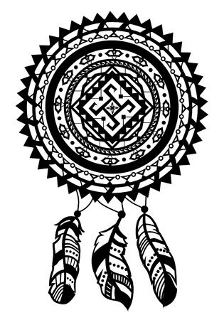 Round amulet with ethnic patterns. Ends with pendants in the form of feathers. Raster illustrationの写真素材