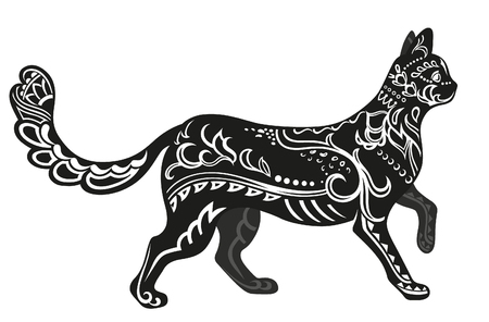 The stylized figure of a cat in festive patterns. Raster illustrationの写真素材