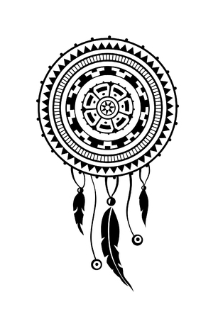 Round amulet with ethnic patterns. Ends with pendants in the form of feathers. Raster illustrationの写真素材