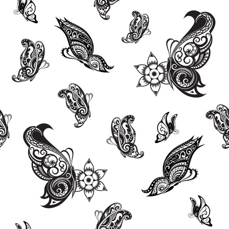 A background which depicts abstract butterflies, which are made of decorative patterns. Raster illustrationの写真素材