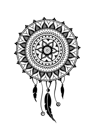 Round amulet with ethnic patterns. Ends with pendants in the form of feathers. Raster illustrationの写真素材