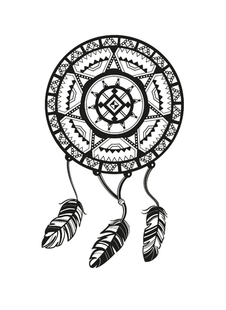 Round amulet with ethnic patterns. Ends with pendants in the form of feathers. Raster illustrationの写真素材