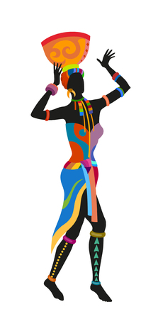 African woman in bright national costume dance dancing with a pitcher. Raster illustrationの写真素材