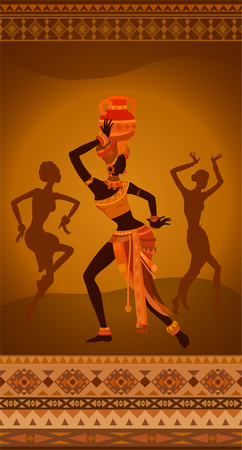 Ethnic vintage ornament greeting card with dancing Africans. Raster illustrationの写真素材