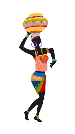 African woman in bright national costume dance dancing with a pitcher. Raster illustrationの写真素材