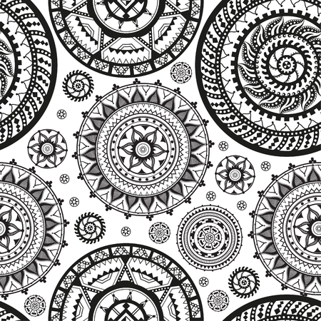 Seamless background with pattern in ethnic styles. Circular black ornaments. Vector illustrationのイラスト素材
