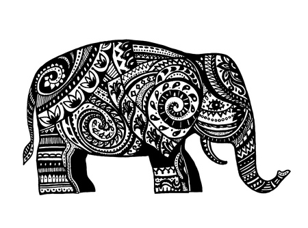 The stylized figure of an elephant in the festive patterns. Hand drawn animal baby. Vector illustrationのイラスト素材
