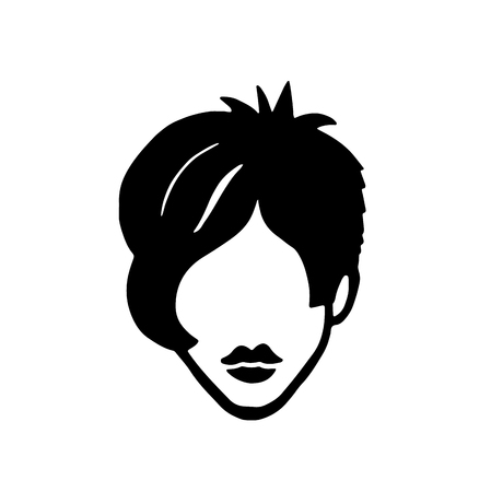 Hand drawn fashion icon. Woman face. Abstract head with stylish hairstyle. Black fashion illustration on a white backgroundのイラスト素材