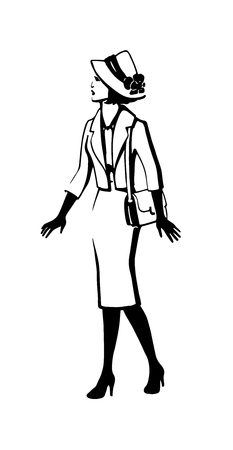 Abstract retro portrait of a woman in a hat and skirt suit. Vintage lady in high-heeled shoes with handbag. Fashion illustration black ink hand drawn silhouetteのイラスト素材