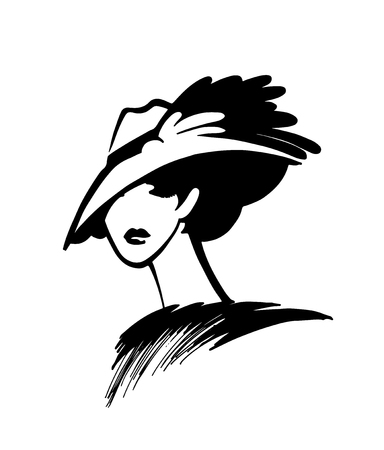 Abstract retro portrait of a woman in a hat. Fashion illustration black ink hand drawn silhouette. Vintage lady in fursのイラスト素材