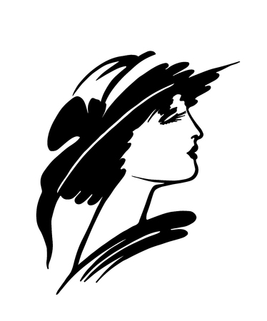 Abstract retro portrait of a woman in a hat. Fashion illustration black ink hand drawn silhouetteのイラスト素材
