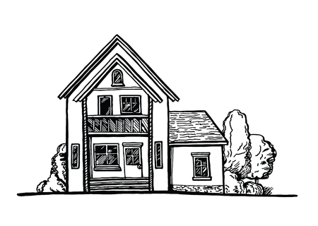 Black and white sketch of a cottage facade on white background. Ink hand drawn vector illustration. Two-storey house with landscapingのイラスト素材