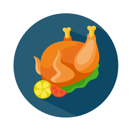 Flat style colorful baked chicken icon with shadow.  Fast food vector illustration. Roast chicken with lemon lettuce and tomatoのイラスト素材