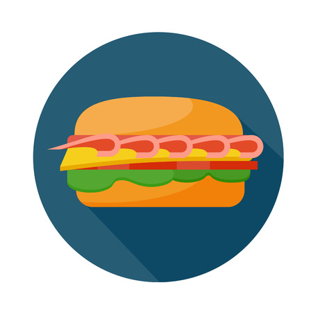 Flat style colorful sandwich icon with shadow.  Fast food vector illustration. Sandwich with ham tomato lettuce and cheeseのイラスト素材