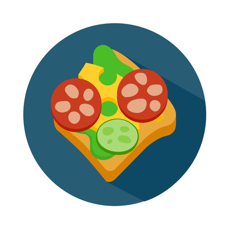 Flat style colorful sandwich icon with shadow.  Fast food vector illustration. Sandwich with salami sheese and lettuceのイラスト素材