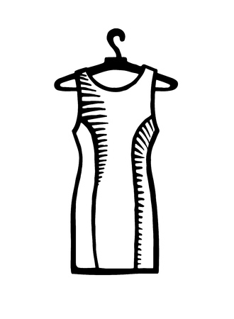 Hand drawn fashion icon. Fashionable dress on a hanger. Black fashion illustration on a white backgroundのイラスト素材
