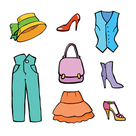 Hand drawn colorful set of fashion icons. Look Book.Trendy clothes, footwear and accessoriesのイラスト素材