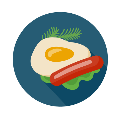 Flat style colorful omelette icon with shadow.  Fast food vector illustration. Omelette with fried sausage lettuce and greeneryのイラスト素材