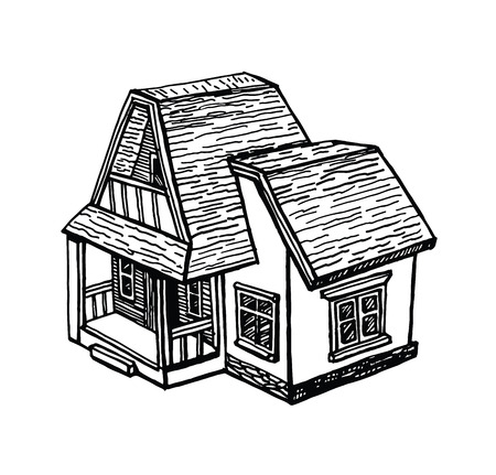 Black and white sketch of a cottage perspective, on white background. Ink hand drawn vector illustration. Two-storey house with landscapingのイラスト素材