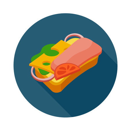 Flat style colorful sandwich icon with shadow.  Fast food vector illustration. Sandwich with ham cheese lettice and tomatoのイラスト素材