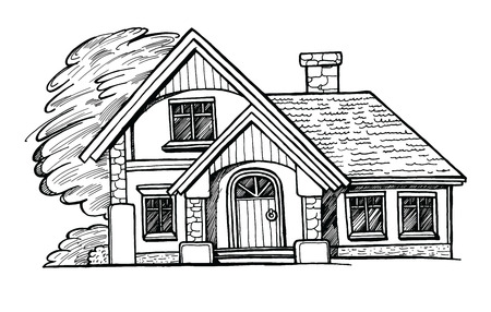 Black and white sketch of a cottage facade on white background. Ink hand drawn vector illustration. Two-storey house with landscapingのイラスト素材