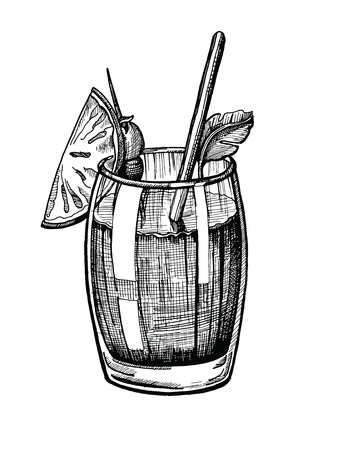 Alcohol cocktail hand drawn vector illustration. Vintage cocktail sketch with tube orange, berries. Beverage  ink drawing for bar or pub menu. Graphic image isolated on white backgroundのイラスト素材