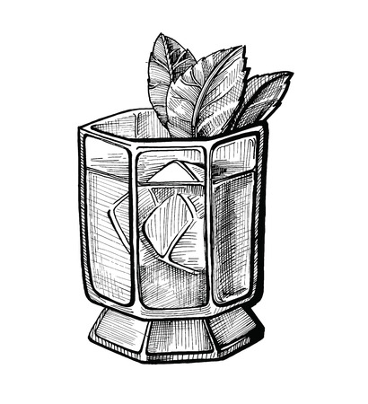 Alcohol cocktail hand drawn vector illustration. Vintage cocktail sketch with ice, mint leaves, beverage  ink drawing for bar or pub menu. Graphic image isolated on white backgroundのイラスト素材