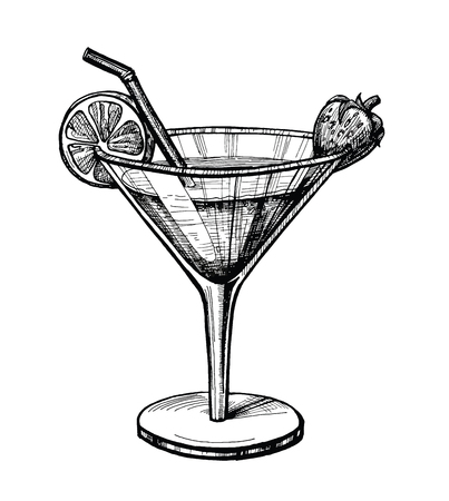 Alcohol cocktail hand drawn vector illustration. Vintage cocktail sketch with tube, orange, strawberry. Beverage  ink drawing for bar or pub menu. Graphic image isolated on white backgroundのイラスト素材