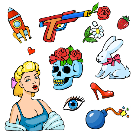 Pop art style fashion stickers set. Rocket girl bomb blaster rose skull rabbit and other elements. Comic book style vector stickers, pins, patches, illustrationsのイラスト素材