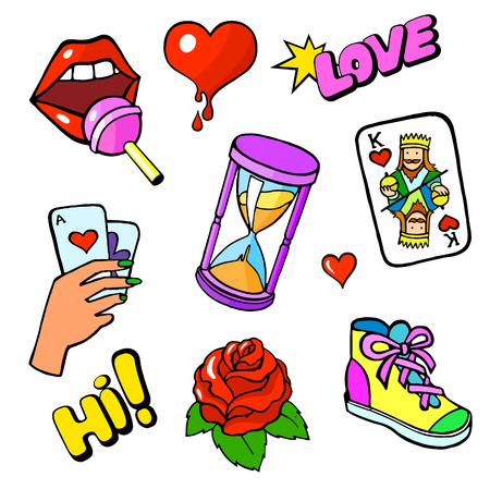 Pop art style fashion stickers set. Lips candy hand with fortune telling cards hourglass king of hearts and other elements. Comic book style vector stickers, pins, patches, illustrationsのイラスト素材