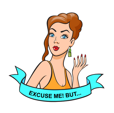 Fashion pop art style brown-haired sexy woman head patch badge. Hand drawn vector sticker, pin, patch in cartoon 80s-90s. Comic style speech and pink ribbon with exclamationのイラスト素材