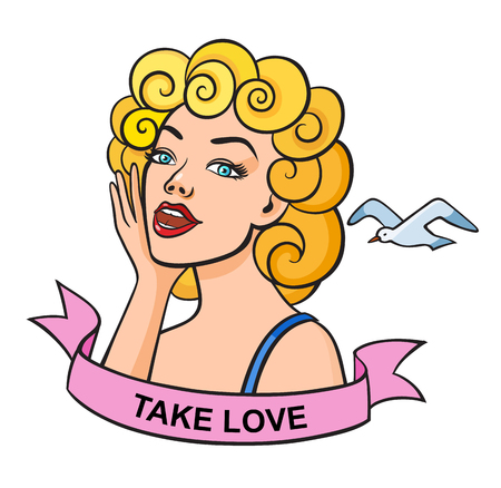 Fashion pop art style blonde sexy woman head and gull patch badge. Hand drawn vector sticker, pin, patch in cartoon 80s-90s. Comic style speech and pink ribbon with exclamationのイラスト素材