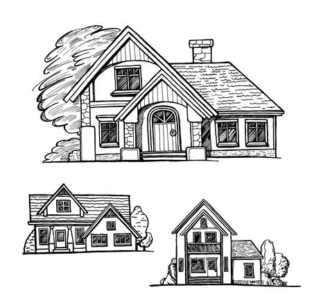 Black and white of a cottage sketch facades, on white background. Facades of a houses with a trees. Ink hand drawn vector illustrationのイラスト素材