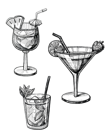 Alcohol cocktail hand drawn vector illustration set. Vintage cocktail sketches with tube, orange, strawberry, pineapple. Beverage ink drawing for bar or pub menu. Graphic images isolated on white backgroundのイラスト素材