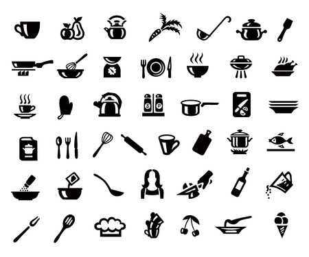 Cooking and kitchen icon set in minimalist style. Black sign on gray backgroundのイラスト素材