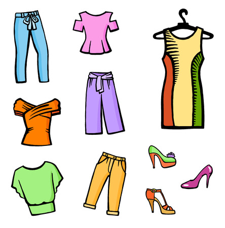 Hand drawn colorful fashion icon set. Fashionable casual clothes. Multicolor fashion illustrations on a white background. Pants, shirt, shoes, dressのイラスト素材