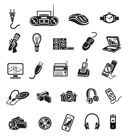 Electronics icon set in minimalist style. Black sign on white background. Computer mouse, battery, headphones, radio, watch, bulb, electric lamp, plug, voltmeter and otherのイラスト素材