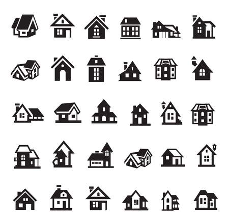 Houses icon set in minimalist style. Cottage and residential symbol. Black sign on white background.のイラスト素材