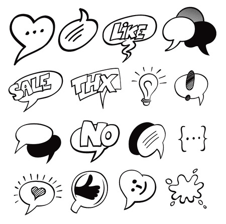 Web and Computer Icon Set. Hand drawn black Sketchy Doodles icons for the Internet. Speech clouds, bulb, like, heart, smile and other symbols. Comic book style. Vector Illustration Design Elementsのイラスト素材