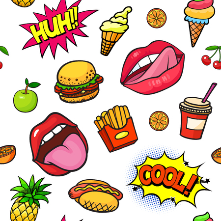 Seamless background with colorful pop art style fashion stickers set. Fast food, lips, fruit, ice cream and other elements. Comic book style vector stickers, pins, patches, illustrationsのイラスト素材