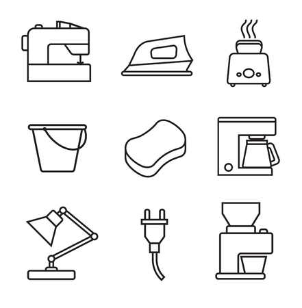 Household appliances line icon set in minimalist style. Black line sign on white background. Sewing machine, iron, toaster, coffee maker and otherのイラスト素材